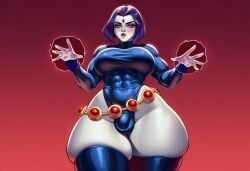 ai_generated aipixelporn dark_hair dc_comics futanari grey_skin leotard magic raven_(dc) teen_titans thighhighs