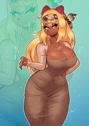 anthro antropomorph banana beth_(jamoart) big_breasts blonde_fur blonde_hair busty cleavage clothed clothing dress full_body fully_clothed fur furry jamoart jewelry slim_waist tight_clothing tight_dress yellow_fur yellow_hair
