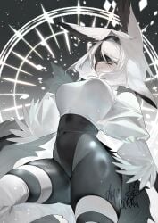 animal_ears blindfold bodysuit breasts bunny_ears dya_rikku dya_rikku_(vtuber) female hairband large_breasts leotard solo vyugen white_hair