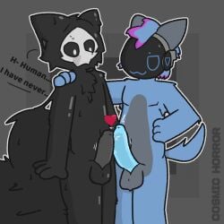 1:1 anthro big_penis bitz_(cosmic_horror) bodily_fluids changed_(video_game) comparing comparing_penis cosmic_horror_(artist) duo frottage genitals hand_on_shoulder heart_symbol hi_res humanoid latex machine male male/male nervous penile penis penises_touching protogen puro_(changed) sex slightly_chubby sweat visor