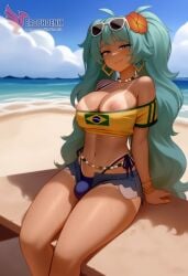 1girls 2d ai_generated aqua_hair ass barefoot big_ass big_breasts bikini bracelet brazilian_miku breasts dark-skinned_female earrings erection erophoenix eyewear_on_head feet full_body futanari grin hair_flower hair_ornament hatsune_miku huge_breasts jewelry kneeling large_penis long_hair looking_at_viewer looking_back nail_polish patreon_username penis shorts smile soles solo solo_female sunglasses swimsuit tan tellow_shirt testicles thick thick_thighs toes uncensored vocaloid