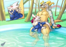 3_toes 4_fingers animal_genitalia animal_penis anthro armband bandai_namco belly belly_expansion blue_body blue_fur blue_markings bodily_fluids canine_genitalia canine_penis claws cum cum_in_mouth cum_inside curved_horn digimon digimon_(species) duo expansion eye_patch eyewear feet fennephilim_fox fingers fur gabumon genital_fluids genitals green_eyes hi_res holding_both_legs holding_both_thighs holding_shoulder horn male male/male markings penis pool purple_claws red_eyes sitting size_difference snowflake_tail spiked_tail spikes spikes_(anatomy) tail toes white_body white_fur white_penis yellow_body