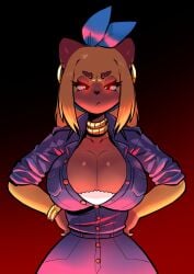 anthro antropomorph beth_(jamoart) big_breasts blonde_fur blonde_hair busty cleavage clothed clothing fully_clothed fur furry hair_ribbon half_body jamoart jewelry jumpsuit yellow_fur yellow_hair