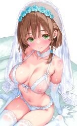 absurdres arm_support bed blush bra braid braided_sidelock breasts bridal_veil brown_hair choker closed_mouth collarbone elbow_gloves female front-tie_bra gloves green_eyes highres iwato_(celler) lace lace-trimmed_thighhighs lace_choker lace_trim large_breasts looking_at_viewer mole mole_under_eye navel nipples original panties see-through_bra see-through_clothes shiny_skin short_hair sitting smile solo thighhighs underwear underwear_only veil wariza white_background white_bra white_choker white_gloves white_panties white_thighhighs