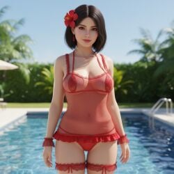 1girls ai_generated beautiful black_hair earrings fishnet_topwear flower_in_hair frills lace_trim micro_bikini poolside revealing_clothes rgomez007 short_hair skimpy skimpy_bikini swimming_pool wristwear
