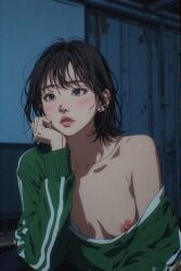 1girls ai ai_generated anime_style breasts breasts_out brown_eyes dark_hair female female_focus female_only hand_on_chin netflix nipples nose_piercing player_380 quinzo11 se-mi self_upload short_hair squid_game squid_game_2 sweater sweater_lift thoughtful_expression
