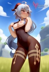 1girls 2d ai_generated ass big_ass breasts erophoenix female female_focus full_body ganyu_(genshin_impact) genshin_impact horns long_hair looking_at_viewer medium_breasts nipples pantyhose patreon_username silver_hair solo solo_female sweat thick thick_thighs uncensored undressing