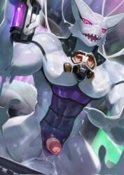 abs absorption_vore anthro dragon duo foreskin front_view gas_mask genitals goo_creature hi_res humanoid_genitalia humanoid_penis male mask muscular muscular_anthro muscular_male mythological_creature mythological_scalie mythology nude orange_eyes pecs penis pink_eyes pink_penis purple_body purple_eyes scalie sharp_teeth t.y.stars teeth uncircumcised vore wearing_mask white_body