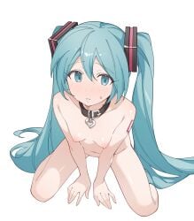 blue_eyes blue_hair blush breasts collar from_above from_above_view hatsune_miku looking_at_viewer looking_up looking_up_at_viewer naked nipples nude nude_female rakugaki_nye sitting sitting_on_floor solo sweat vocaloid white_background