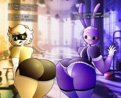 2boys ass big_ass big_butt black_eyes bunny bunny_ears butt crossover fat_ass fat_butt femboy fully_clothed glitch_productions huge_ass huge_butt jax_(the_amazing_digital_circus) looking_back maid maid_headdress maid_jax_(the_amazing_digital_circus) maid_outfit maid_uniform male male_only murder_drones n_(murder_drones) purple_fur rabbit robot samkvevo text text_box the_amazing_digital_circus thick_ass thick_butt white_hair yellow_eyes
