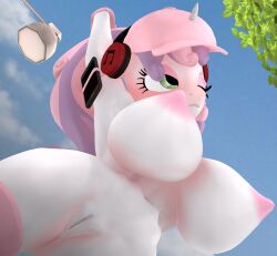 3d_(artwork) anthro areola big_breasts biped breasts digital_media_(artwork) electronics equid equine eyelashes female friendship_is_magic genitals green_eyes hair hasbro headphones hi_res horn low-angle_view mammal my_little_pony mythological_creature mythological_equine mythology nipples pink_hair purple_hair purplefondue solo sweetie_belle_(mlp) thick_thighs unicorn vulva white_body