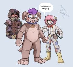 absurd_res arch3y bear clothing clown costume duo feet five_nights_at_freddy's foot_fetish green_eyes hair hi_res hypnosis male male/male mammal mind_control mustelid otter piercing pink_hair polar_bear rain_boots scottgames sharp_teeth snoof_the_clown sock_fetish speech_bubble springlock_suit teeth text ursine