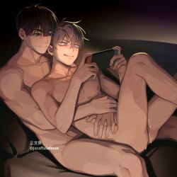 2boys alien_stage artist_name bite_mark bite_mark_on_shoulder bite_mark_on_thigh black_eyes black_hair completely_nude completely_nude_male cum grey_hair holding_handheld_game_console ivan_(alien_stage) joraffasalmon nintendo_switch playing_videogame red_pupils salmon_(657931354) sitting sitting_on_lap till_(alien_stage) tongue_out yaoi