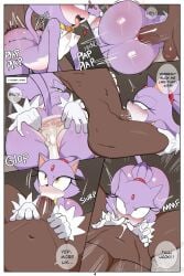 anthro ass balls bent_over big_butt biped blaze_the_cat blush bottomwear clothed clothing comic detailed_background dialogue domestic_cat duo english_text eyelashes felid feline felis female female_on_human genitals hereapathy hi_res human human_on_anthro human_penetrating_anthro interspecies male male/female male_on_anthro mammal pants partial_male penis pupils purple_body sega sonic_(series) sonic_the_hedgehog_(series) text thick_thighs yellow_eyes