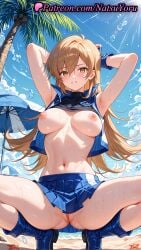 1girls 2025 ai_generated alexis_rhodes alexis_rhodes_(arc-v) alexis_rhodes_(cosplay) armpit armpits arms_behind_head arms_up beach black_shirt blonde_hair blue_footwear blue_skirt blue_sky boots breasts clothes_lift duel_academy_uniform_(yu-gi-oh!_gx) female hi_res highres konami large_breasts long_hair looking_at_viewer natsuyoru navel nipples no_bra outdoors palm_tree patreon pussy shirt skirt sky sleeveless solo spread_legs squatting stomach vagina vest voluptuous voluptuous_female yellow_eyes yu-gi-oh! yu-gi-oh!_gx