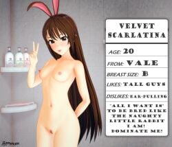 1girls arrancon brown_eyes brown_hair brown_hair_female bunny_ears bunny_girl long_hair long_hair_female profile rwby shower_room small_breasts solo_female sticking_out_tongue velvet_scarlatina