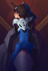 1boy backsack big_ass blush bulge bulge_through_clothing femboy from_behind looking_at_viewer looking_back male_focus male_only mr_fuga neon_genesis_evangelion plugsuit rear_view shinji_ikari solo