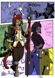 animal_humanoid anthro arc_rose balls blush boots cat_humanoid cloak clothing comic_panel dialogue domestic_cat eyewear felid felid_humanoid feline feline_humanoid felis fight footwear foreskin genitals glasses hi_res humanoid long_sleeves magic magic_missile magic_staff magic_user mammal mammal_humanoid meigi_(arc_rose) nonbinary_(lore) penis pubes pussy removing_shirt shoes staff transformation uncircumcised undressing undressing_self vulva