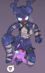 after_fellatio after_oral after_sex ambiguous_anthro ambiguous_gender anthro balls blush bodily_fluids clothed clothing cosmic_flesh dripping duo elemental_creature erection floppy_ears genital_fluids genitals glans glowing glowing_eyes heart_symbol humanoid humanoid_genitalia humanoid_penis larger_male lop_ears male male/ambiguous male_humanoid partially_clothed penis precum purple_body saliva saliva_on_penis saliva_string size_difference smaller_ambiguous straps tosx