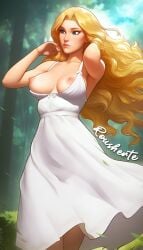 1girl ai_generated blonde_hair blue_eyes commission exposed_breasts female fixing_hair forest haley_(stardew_valley) medium_breasts nature nipples rousherte self_upload solo solo_female stardew_valley sundress tagme thighs white_sundress wind