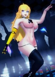 1girls arrancon blonde_female blonde_hair breasts breasts_covered club collar collar_tag covering_breasts legwear long_hair long_hair_female multiple_boys multiple_girls nightclub purple_eyes robotic_arm rwby yang_xiao_long