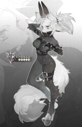 animal_ears belt breasts collar dya_rikku dya_rikku_(vtuber) female fox_ears fox_tail full_body furry harness large_breasts solo tail thigh_strap vyugen