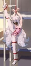 absurdres amadeus_frost animal_ear_fluff animal_ears armpits ball_gag bare_shoulders blindfold blue_eyes blue_hair bondage bondage bondage bound bound_arms breasts egg_vibrator female fox_ears fox_tail gag gagged highres kitsune kyuubi leotard long_hair looking_at_viewer multicolored_hair multiple_tails original pantyhose pink_leotard restrained sex_toy shibari_over_clothes small_breasts solo split standing standing_on_one_leg standing_split streaked_hair sweat tail very_long_hair vibrator white_hair white_pantyhose wiffle_gag