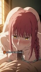 1boy :>=makima_(chainsaw_man) abs all_fours ass bed_sheet blush braid braided_ponytail breasts censored chainsaw_man completely_nude dark-skinned_male dark_skin erection fellatio female hanging_breasts indoors long_hair looking_at_viewer makima_(chainsaw_man) medium_breasts meitabuu mosaic_censoring nipples nude on_bed oral penis pov pov_crotch red_hair ringed_eyes sidelocks solo_focus straight sunlight sweat uncensored veins veiny_penis yellow_eyes