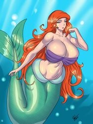 1girls air_bubbles aquatic ariel big_breasts bikini bimbo breasts busty cleavage disney fair_skin female female_only fins fish_tail flowing_hair green_scales hair hips huge_breasts large_breasts light-skinned_female light_skin long_hair mermaid mermaid_tail ocean orange_hair red_hair redhead seashell seashell_bra solo tesan the_little_mermaid underwater