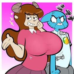 2girls anger_vein angry annoyed anthro big_breasts blue_body breast_envy breasts brown_hair busty chun-ni clothing denizen1414 feline female female_only furry furry_only horns huge_breasts large_breasts looking_at_breasts massive_breasts milf mother nicole_watterson png shirt skirt smile smug smug_grin the_amazing_world_of_gumball