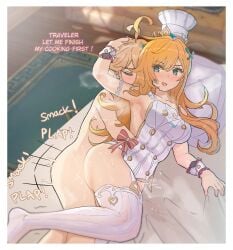 1boy aether_(genshin_impact) ahoge apron blonde_hair blue_eyes blush border breasts chef_hat closed_eyes clothed_female_nude_male commentary english_commentary english_text escoffier_(genshin_impact) female genshin_impact hat highres large_breasts long_hair lying male naked_apron nude on_bed on_side open_mouth pillow plap sex sex_from_behind sound_effects straight thighhighs valenthania white_border white_thighhighs wrist_cuffs