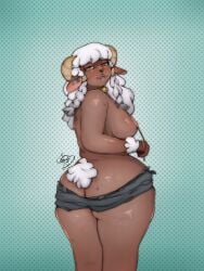 back_view big_breasts big_thighs big_titties breasts brown_skin curvaceous female female_focus female_only furry furry_female furry_only looking_at_viewer original original_character reboot_(artist) sheep sheep_girl white_fur