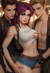 1girls 2boys ai_generated black_lagoon crop_top gangbang glowes grabbing onna_exe ponytail revy_(character) sexy short_shorts violet_hair white_top