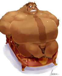 2021 anthro balls bathing bathtub beast_(disney) beauty_and_the_beast blush brown_body brown_fur disney fat fur genitals hi_res iwano kemono male male_only monster moobs morbidly_obese morbidly_obese_male obese obese_male overweight overweight_male solo water