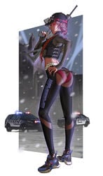 1girls ash_(rainbow_six) ass baseball_cap black_headwear female fjwuchengen full_body hand_on_hip holding_weapon looking_at_viewer medium_breasts panties rainbow_six rainbow_six_siege red_eyes red_hair single_braid standing tom_clancy underwear