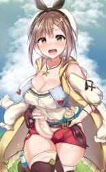 1futa absurdres akiamare atelier_(series) atelier_ryza bar_censor blue_sky blush breasts brown_eyes brown_gloves brown_hair brown_legwear censor_bar censored cleavage_cutout cloud collarbone commentary_request day eyebrows_visible_through_hair futa_only futanari gloves hands_on_hips hat highres intersex jewelry large_breasts looking_at_viewer mosaic_censoring navel necklace penis red_shorts reisalin_stout short_hair short_shorts shorts single_glove sky solo solo_futa standing star teeth thighhighs thighs upper_teeth white_headwear white_legwear