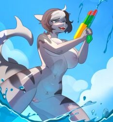 anthro areola bigfatartist biped breasts detailed_background female fish genitals grey_body hair hi_res marine navel nipples nude open_mouth outside pupils shark smile solo thick_thighs three-quarter_view vulva