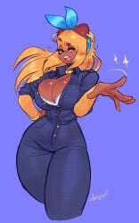 anthro antropomorph beth_(jamoart) big_breasts blonde_fur blonde_hair busty cleavage clothed clothing full_body fully_clothed fur furry hair_ribbon jamoart jewelry jumpsuit yellow_fur yellow_hair
