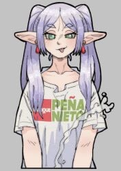 cum earrings elf female frieren green_eyes grey_background grey_hair implied_ejaculation jewelry long_hair pantsu-ripper pointy_ears print_shirt shirt simple_background solo sousou_no_frieren tongue tongue_out twintails white_shirt