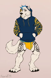 2019 4_toes anthro black_nose brown_eyes bulge canid canine canis claws clothed clothing eyebrows facial_piercing fluffy fraye frosted_tips full-length_portrait fur hi_res hoodie jockstrap koorivlf lip_piercing lip_ring looking_aside male male_only mammal muscular muscular_male partially_clothed paws penis_outline piercing portrait signature simple_background smile snout solo standing tattoo teeth toes topwear underwear white_fur wolf