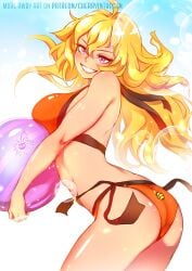 1girls ball bikini bikini_top blonde_female blonde_hair cherryinthesun female long_hair long_hair_female purple_eyes rwby solo_female yang_xiao_long