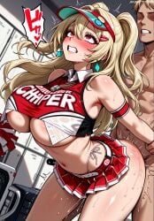 1boy ai_generated areola_slip arm_grab arm_held_back bangs bare_shoulders blonde_hair blush breasts cheerleader clay_(nikke) clenched_teeth clothed_female_nude_male clothing commander_(nikke) crop_top doggy_style earrings faceless_male female goddess_of_victory:_nikke hair_between_eyes hair_ornament hairclip holding_pom_poms jewelry jousneystudio large_breasts long_hair male miniskirt mole mole_under_eye navel nude panties patreon pleated_skirt pom_pom_(cheerleading) pussy_juice red_eyes red_skirt sex sex_from_behind shirt skirt solo_focus standing standing_sex straight sweat taken_from_behind teeth thighs twintails two_side_up underboob underwear visor_cap