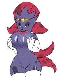 anthro areola armwear big_breasts breast_sucking breasts clothing female hair hand_on_breast hi_res legwear mammal navel nintendo nipples original_character pokémon_(species) pokemon pokemon_(species) pokemon_dppt pussy red_eyes red_hair seii3 self_breast_sucking self_suckle simple_background solo sucking video_games weavile white_background wide_hips