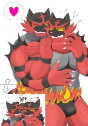 after_transformation anthro barazoku bedroom_eyes blush bodily_fluids bulge claws colored comic duo english_text generation_7_pokemon hand_on_belly heart_symbol hi_res ichigatsu_5 imminent_sex incineroar male male/male muscular muscular_anthro muscular_male narrowed_eyes nintendo pokemon pokemon_(species) saliva seductive speech_bubble text