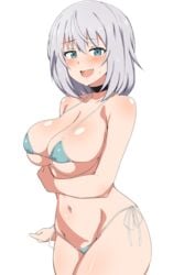 1girls big_breasts bikini blue_eyes blush choker female female_only looking_at_viewer silver_hair smile solo string_bikini tejina_senpai tejina_senpai_(character)