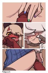 animal_humanoid ass bite biting_lip blush bodily_fluids bottomwear bovid bovid_humanoid caprine caprine_humanoid clothing duo eline_(theelgenerate) erection female fingers genitals hair hi_res horn humanoid imminent_sex imp levi_(theelgenerate) male male/female mammal mammal_humanoid penis red_body sheep_humanoid short_tail side_view skirt sweat tail teeth theelgenerate white_hair