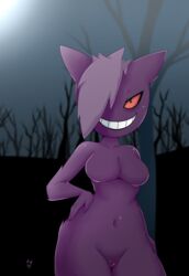 1girls anthro anthrofied breasts female female_only fur furry furry_only gengar ghost ghost_girl grin hair hair_over_one_eye hound_wolf naked nintendo no_humans no_nipples nude original_character pokemon purple_hair purple_skin pussy smile solo teeth text thick_thighs thin_waist video_games watermark