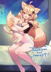 :d ahoge animal_ears bangs bare_arms bare_legs bare_shoulders barefoot blonde_hair blush closed_eyes dated eyebrows_visible_through_hair female hair_ornament hairclip hug long_hair low_twintails navel night night_sky oerba_yun_fang open_mouth panties red_eyes signature sitting sky smile squchan_(vtuber) star_(sky) starry_sky tail twintails underwear underwear_only vyugen white_panties