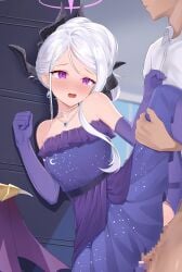 1boy absurdres black_halo blue_archive blush censored demon_girl demon_horns demon_wings dress earrings female gloves halo highres hina_(blue_archive) hina_(dress)_(blue_archive) horns indoors jewelry long_hair mosaic_censoring necklace off_shoulder official_alternate_costume official_alternate_hairstyle open_mouth pendant purple_dress purple_eyes purple_gloves sensei_(blue_archive) sex standing vividrabbit white_hair wings
