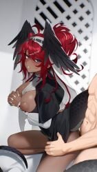 1boy 1girls 2025 arknights big_breasts blush breast_grab breasts breasts_out dark-skinned_female ett feathers gracebearer_(arknights) grey_eyes hi_res kemonomimi nipples nude nun nun_outfit ponytail red_hair tail vaginal_penetration vaginal_sex